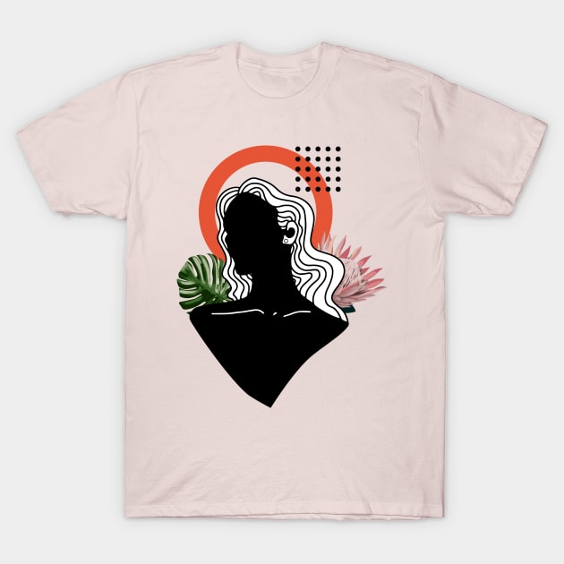 Abstract Minimalistic Woman Exotic Flowers T-Shirt by Cool Abstract Design